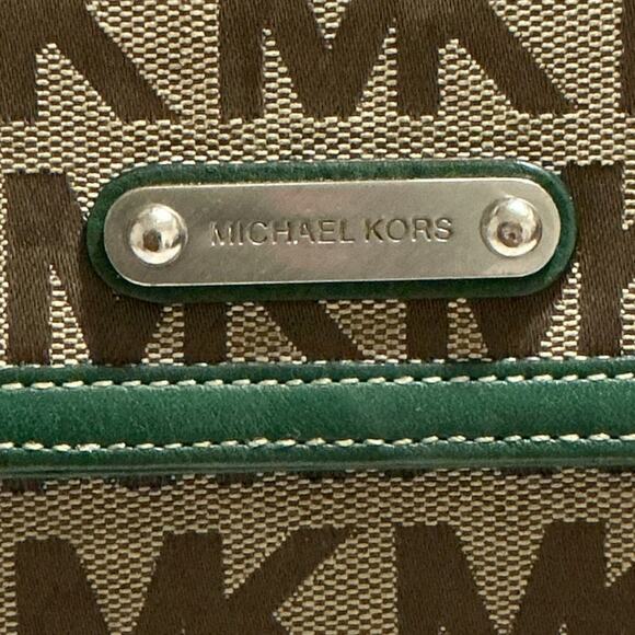 Michael Kors Monogram Green Trim Canvas Leather Wallet Clutch 7”x4” - Picture 13 of 15